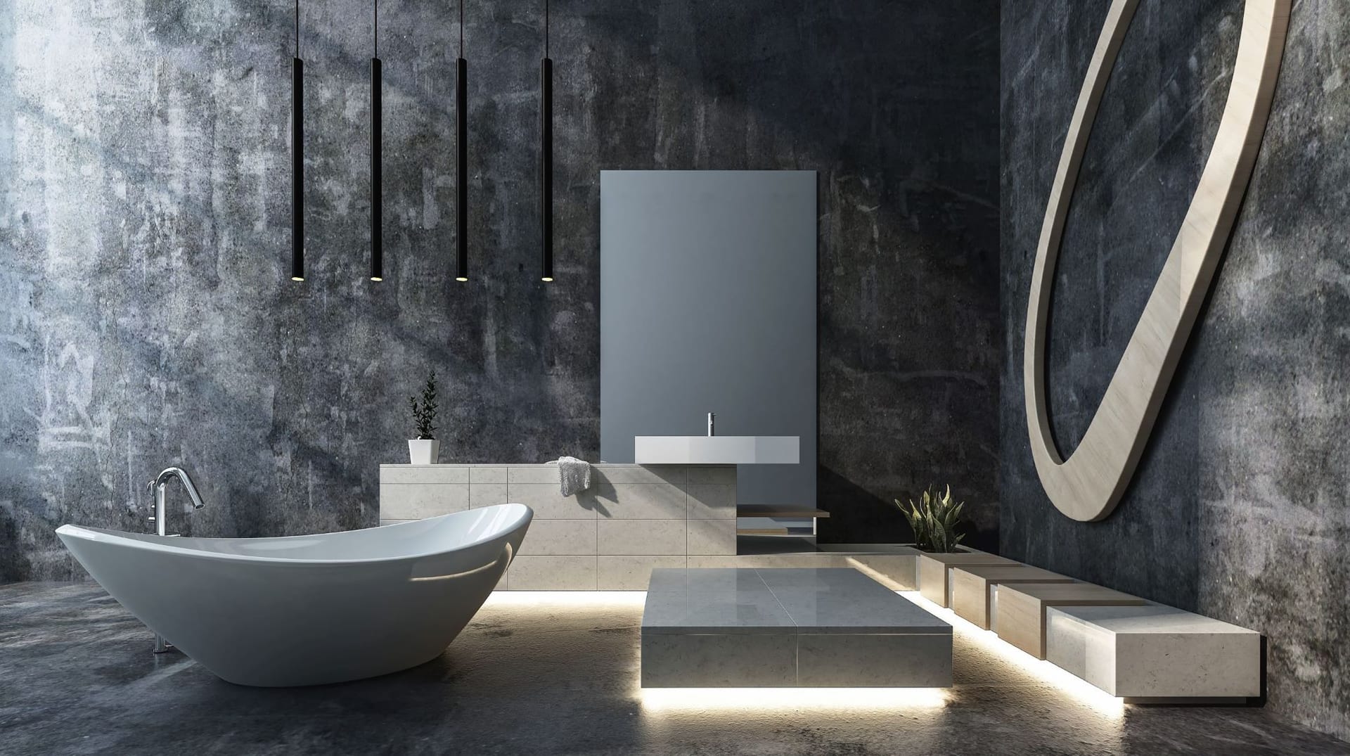 Modernes Badezimmer mit freistehender Badewanne und Natursteinwänden von MG Fliesen & Design